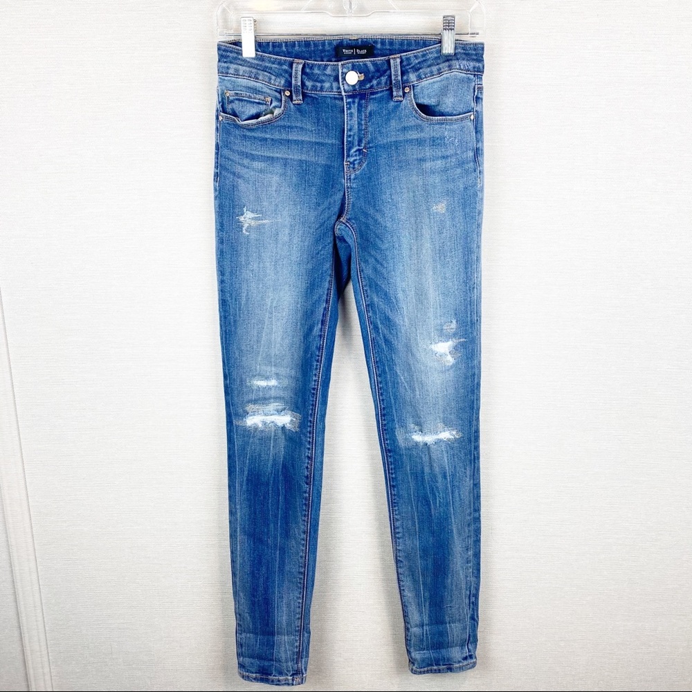 WHBM Skinny Leg Distressed Mid Rise Jeans